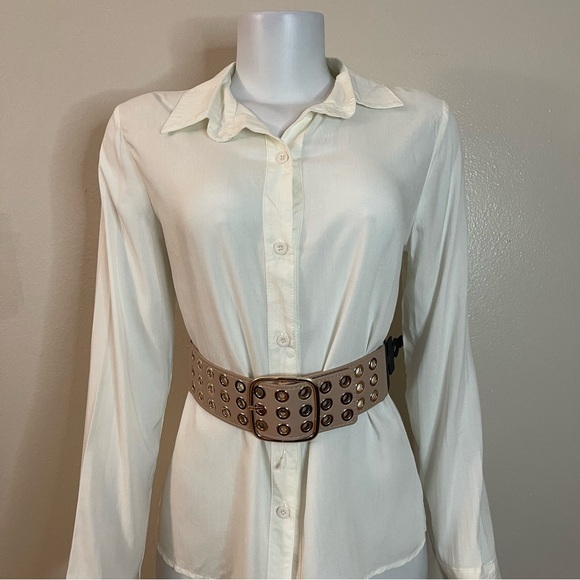 Beige faux leather three row grommet square buckle elastic waistband belt - Picture 2 of 8